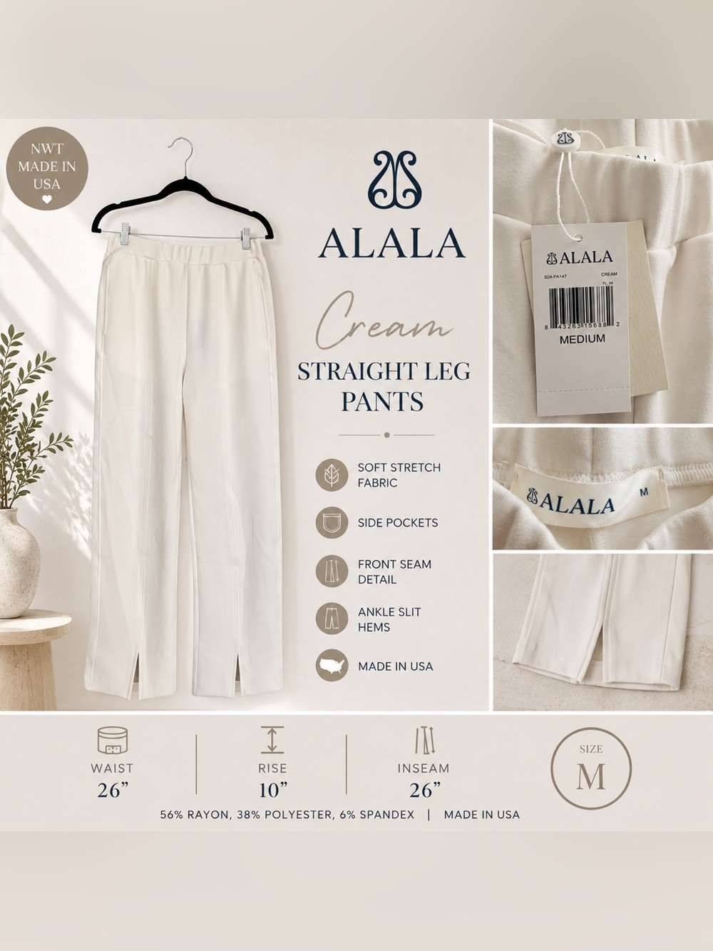 NWT ALALA Cream Straight Leg Crop Pants Medium Made in USA